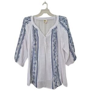 Anthropologie White Tunic Blouse with Blue Embroidered Stripes